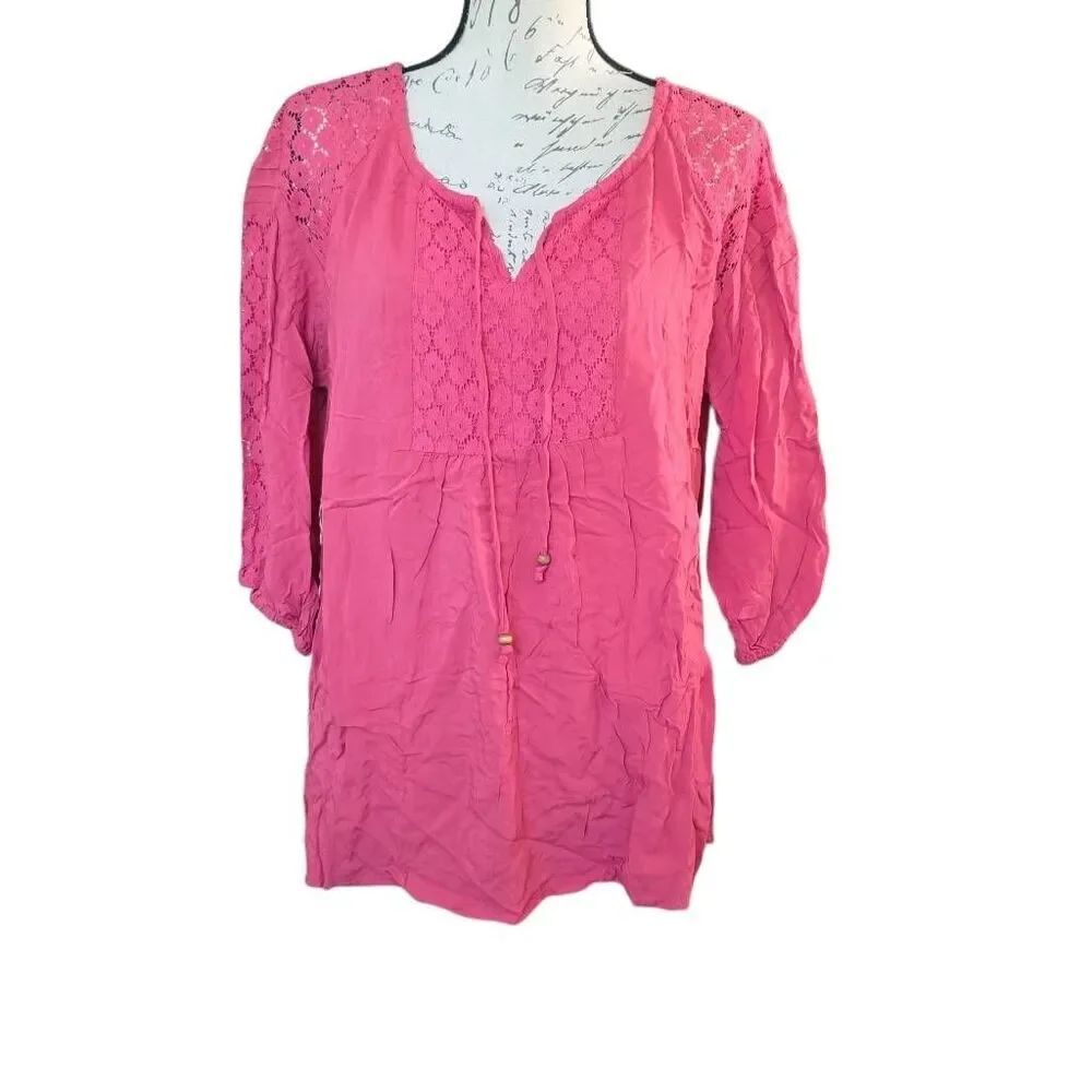 Motherhood Maternity Women's Size Large Pink Crochet Yoke 3/4 Sleeve Blouse